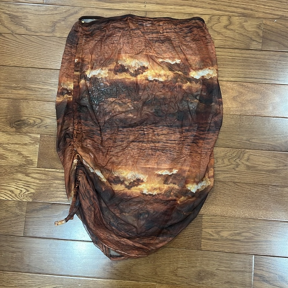 PLT Brown Abstract Cloud Mesh Ruched Mini Beach Skirt size 12 US - Picture 3 of 5